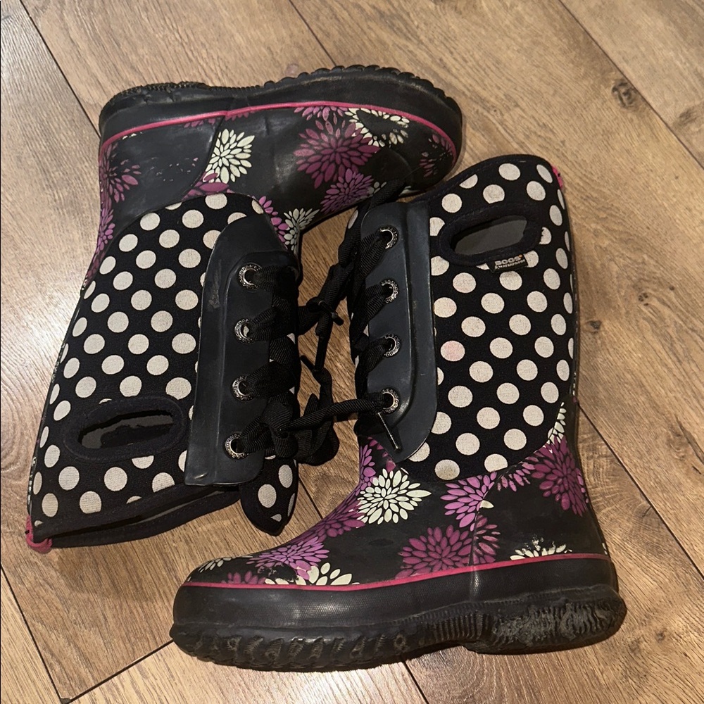 Black and White Polka Dot Boots with Floral Design